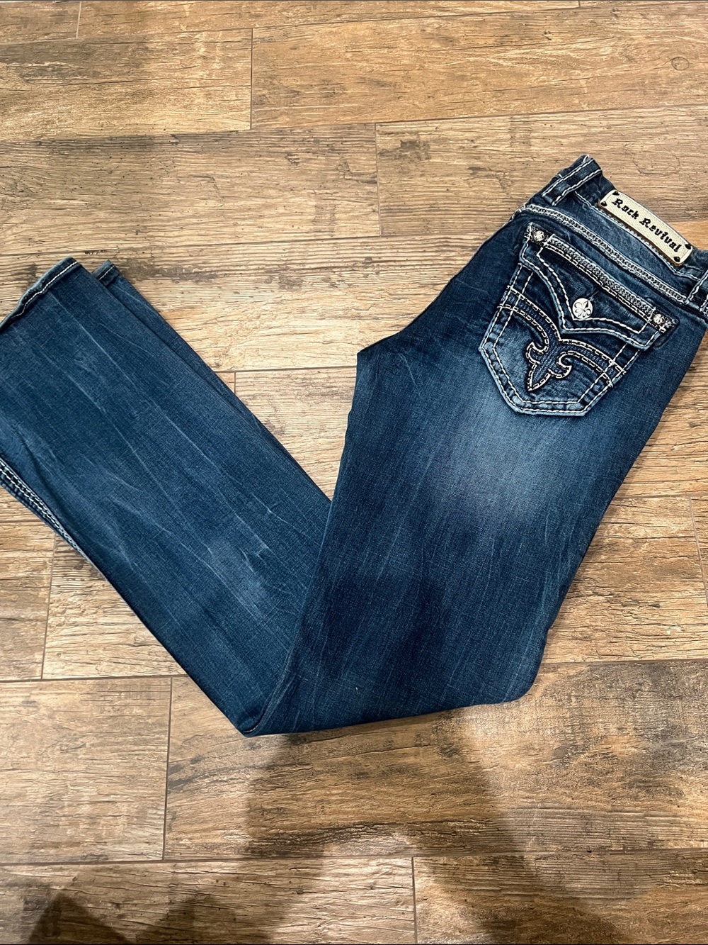 Rock Revival Women's Navy Blue Bootcut Jeans with Embellished Pockets